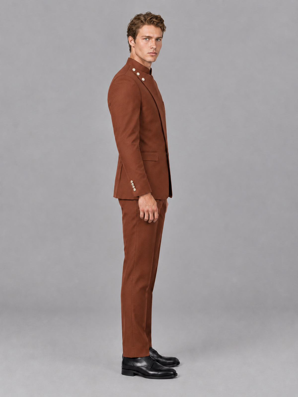 Savile Men's Rust Mandarin Collar Asymmetrical 2-Piece Suit Set – Modern Jacket & Trousers - Rust - Rust_5