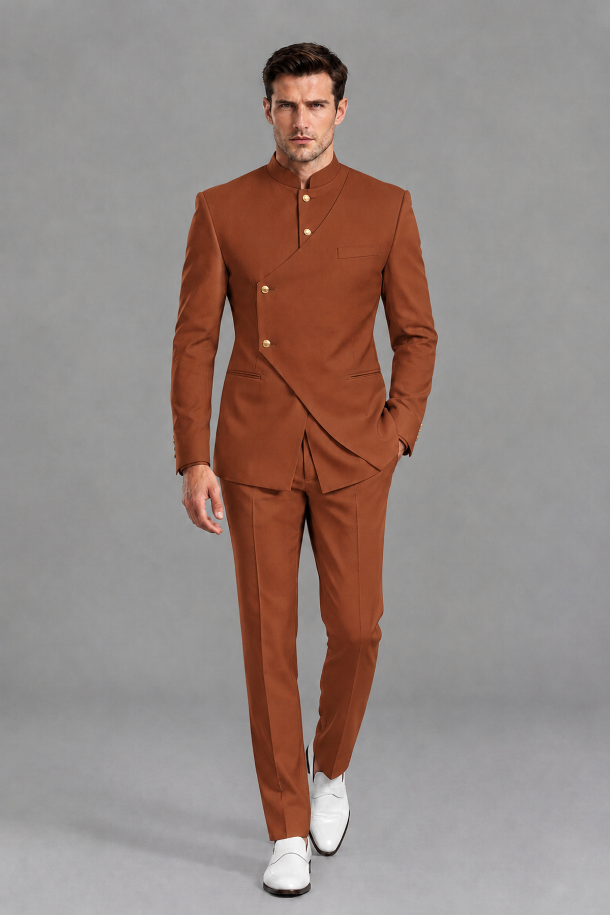 Savile Men's Rust Asymmetrical Mandarin Collar Tuxedo Suit – Modern 2-Piece Gold Button Wedding, Prom & Gala Set - Rust - Rust_5