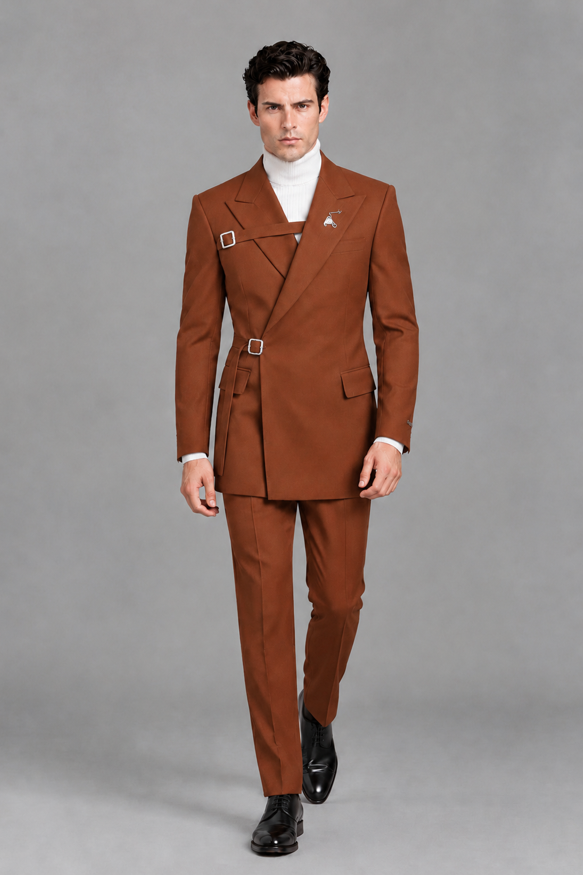 Savile Men's Rust Double Buckle Wrap Belted 2-Piece Suit Set – Peak Lapel Slim-Fit Jacket & Trousers - Rust - Rust_5