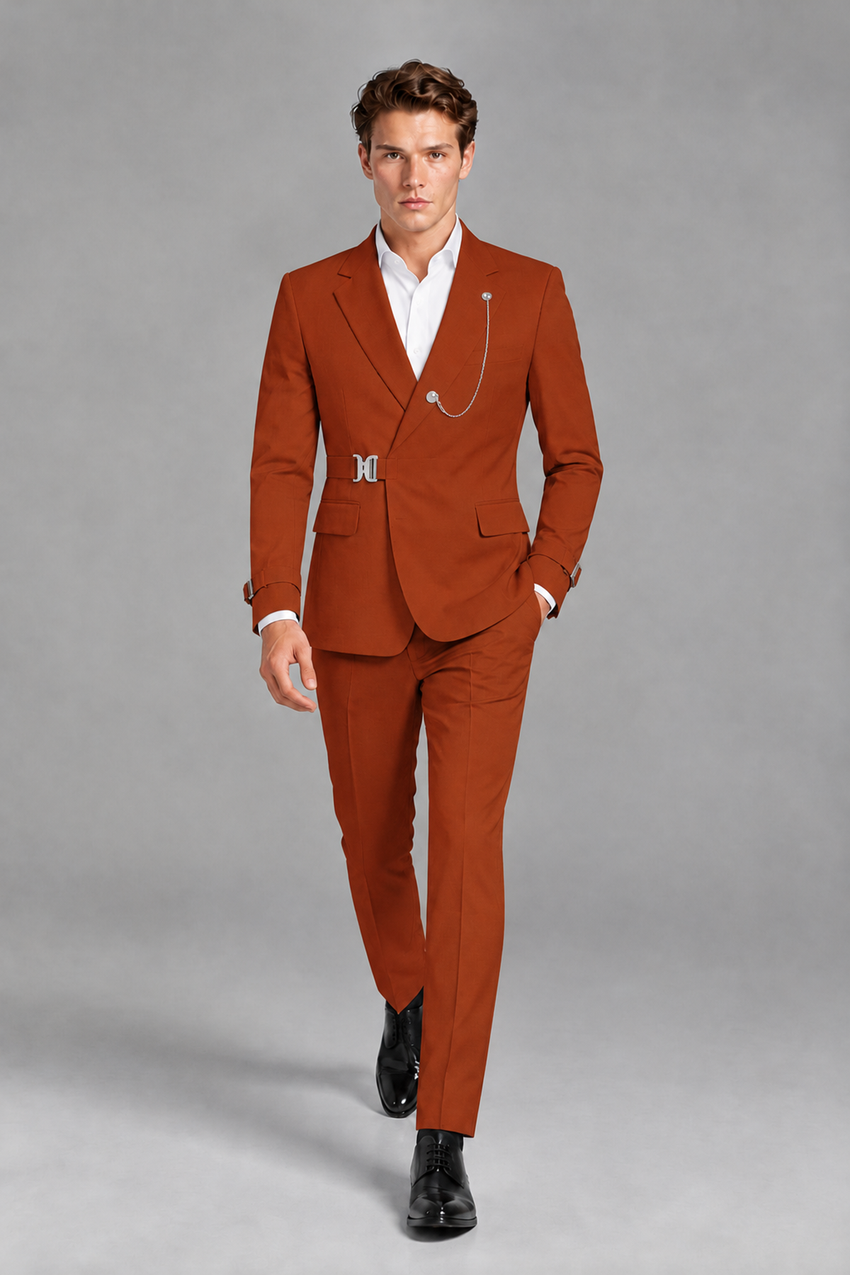 Savile Men's Rust Buckle-Closure 2-Piece Suit Set | Peak Lapel Blazer & Trousers - Rust