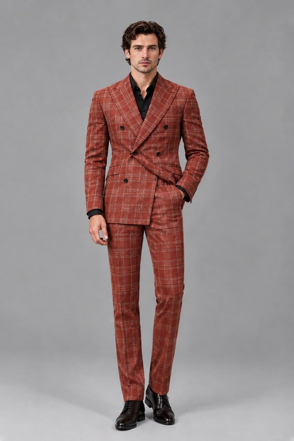 Savile Men's Rust Plaid 2-Piece Double-Breasted Suit - Front Standing View