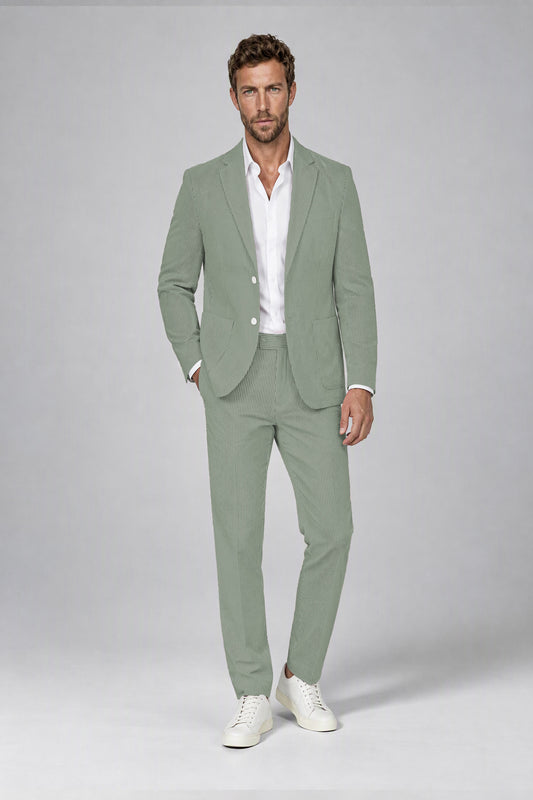 Savile Men's Sage Green Striped 2-Piece Suit Set – Notch Lapel Blazer & Tailored Trousers - Sage Green - Sage_Green(2)