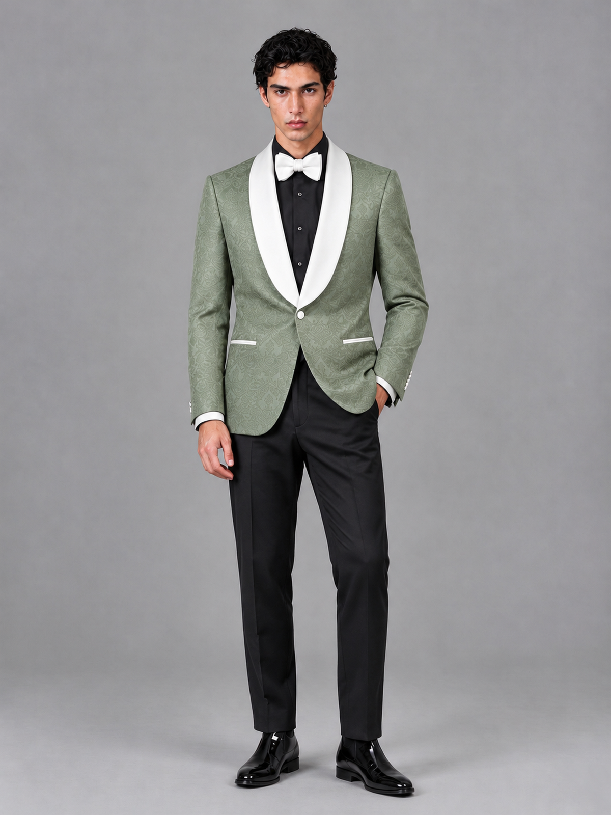 Savile Men's Sage Green Jacquard White Shawl Lapel 2-Piece Tuxedo Suit Set | Jacket & Trousers - Sage Green - Sage Green (4)