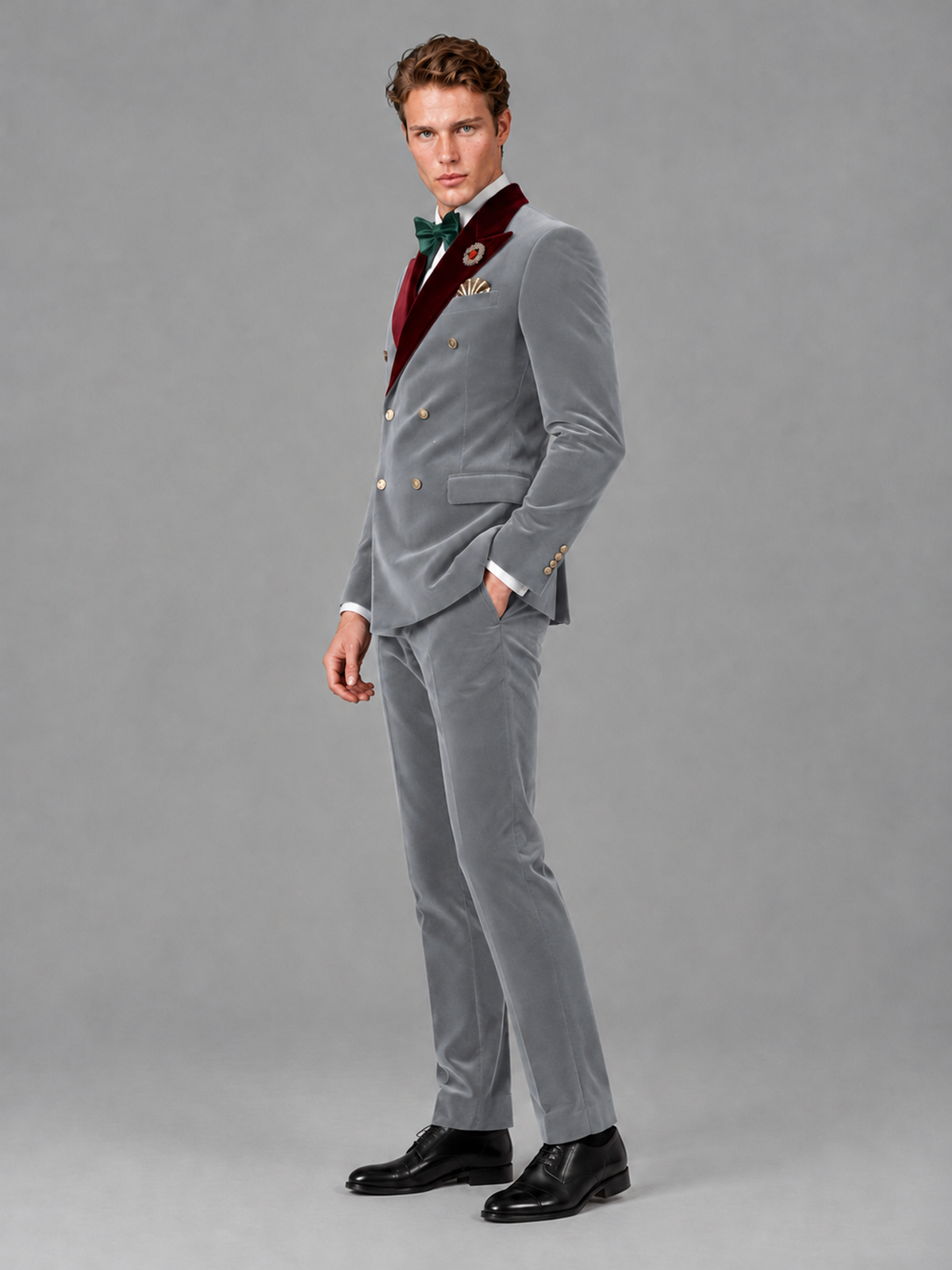 Savile Men's Silver Velvet Double-Breasted 2-Piece Tuxedo Suit with Burgundy Peak Lapel - Silver