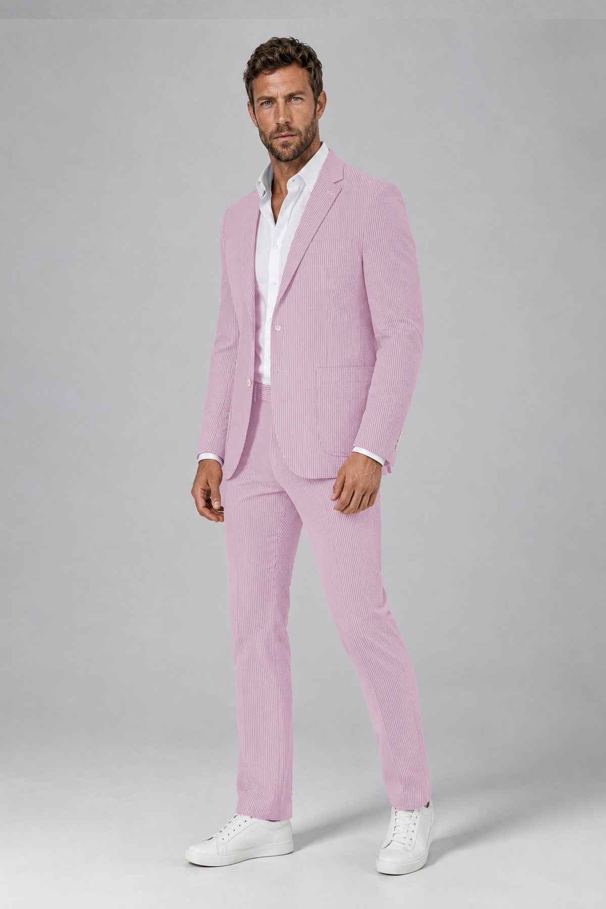 Savile Men's Soft Pink Striped 2-Piece Suit Set – Notch Lapel Blazer & Tailored Trousers - Soft Pink - Soft_Pink(5)