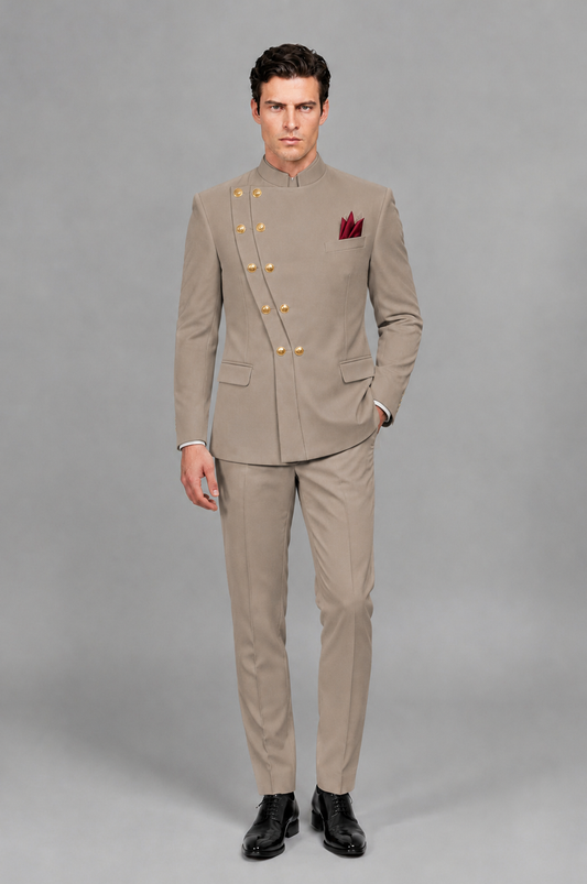 BOLODOO Men's Taupe Asymmetrical Mandarin Collar Tuxedo Suit – Modern 2-Piece Gold Button Wedding, Prom & Gala Set - Taupe - Taupe_02