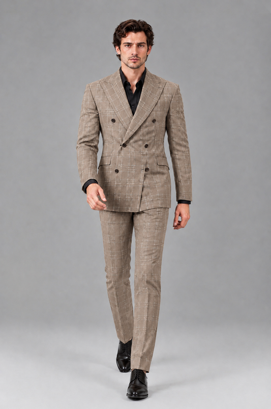 Savile Men's Rust Plaid 2-Piece Double-Breasted Suit – Peak Lapel Slim-Fit Jacket & Trousers Set - Taupe - Taupe