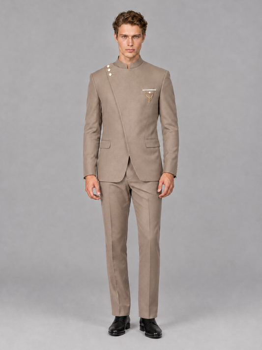 Savile Men's Taupe Mandarin Collar Asymmetrical 2-Piece Suit Set – Modern Jacket & Trousers - Taupe - Taupe_2