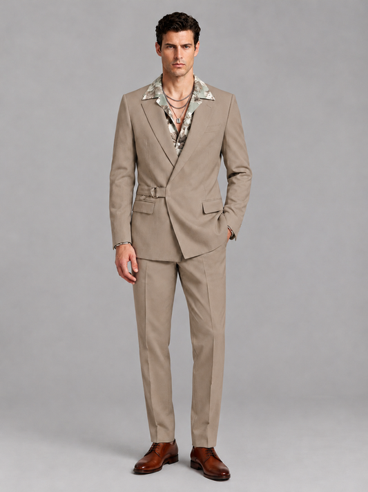 Savile Men's Taupe Belted Wrap 2-Piece Suit – Peak Lapel Blazer & Tailored Trousers - SUC060 - Taupe - Taupe_2