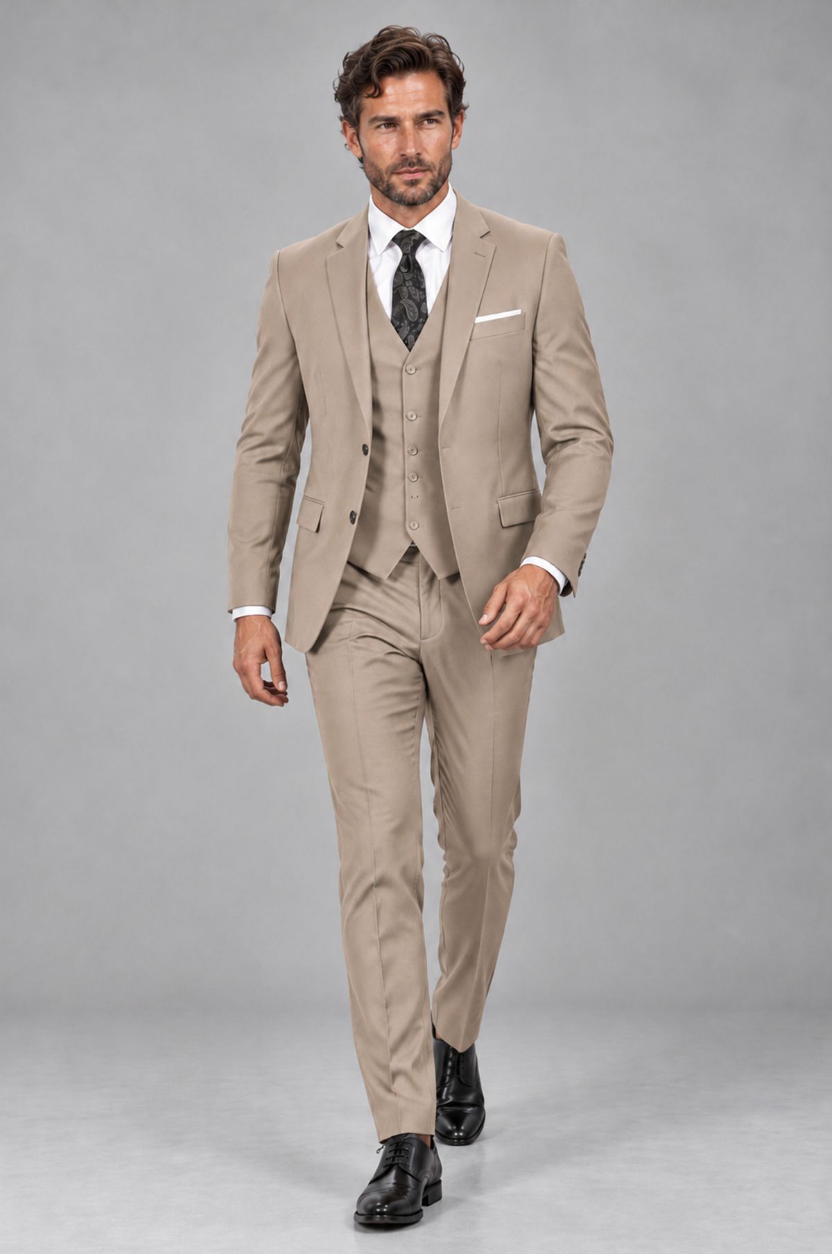 Savile Men's Taupe 3-Piece Suit Set – Notch Lapel Blazer, Vest & Trousers - Taupe - Taupe_4