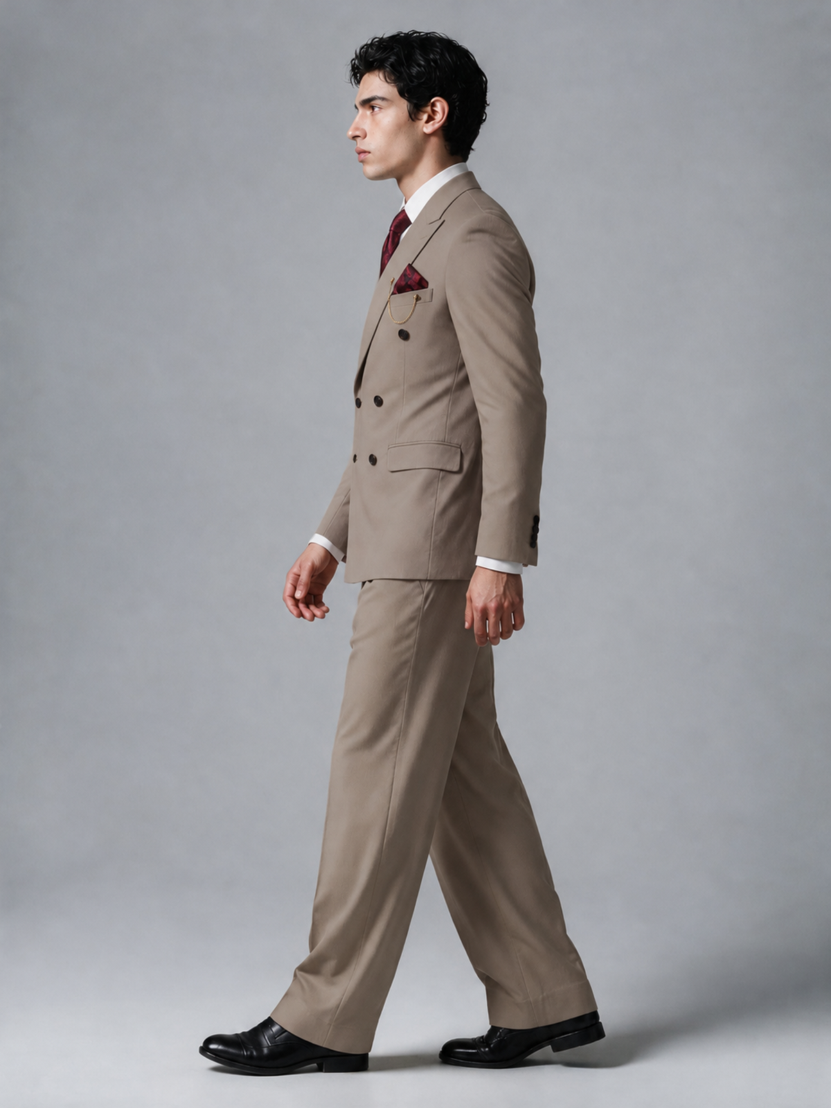 Savile Men's Taupe Double-Breasted 2-Piece Suit Set – Peak Lapel Blazer & Pleated Wide-Leg Trousers - Taupe - Taupe_4