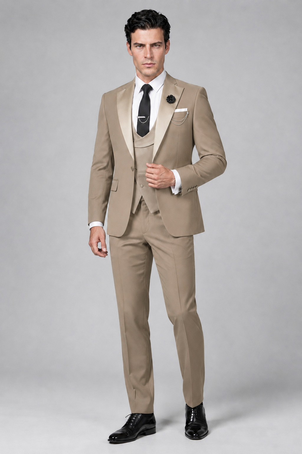 Savile Men's Taupe 3-Piece Tuxedo Suit – Contrast Silver Peak Lapel & Grey Vest Formal Set - Taupe - Taupe_4