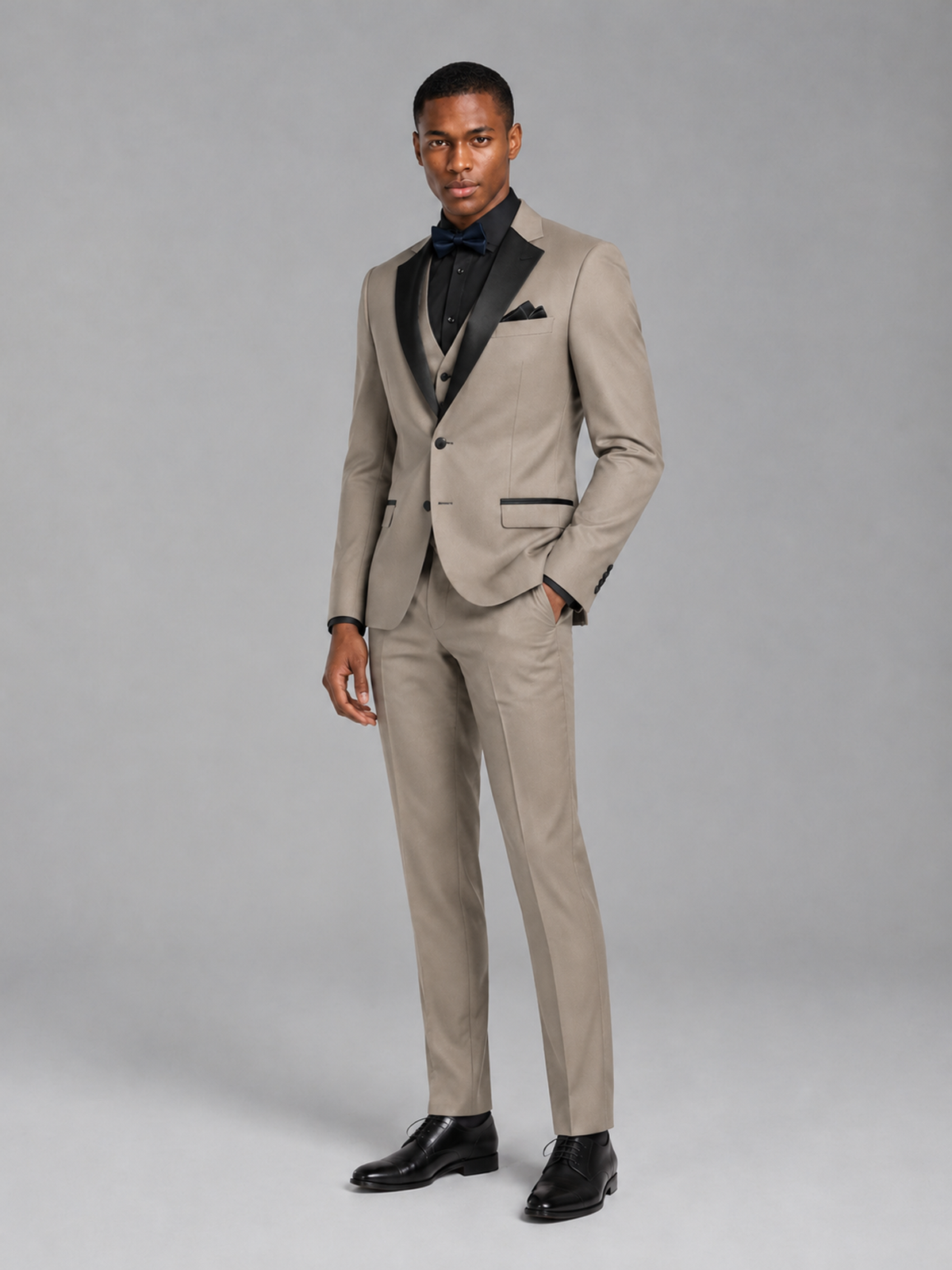 Savile Men's Taupe Contrast Shawl Lapel Tuxedo Suit – 3-Piece Wedding, Prom & Black-Tie Formal Set - Taupe - Taupe_4
