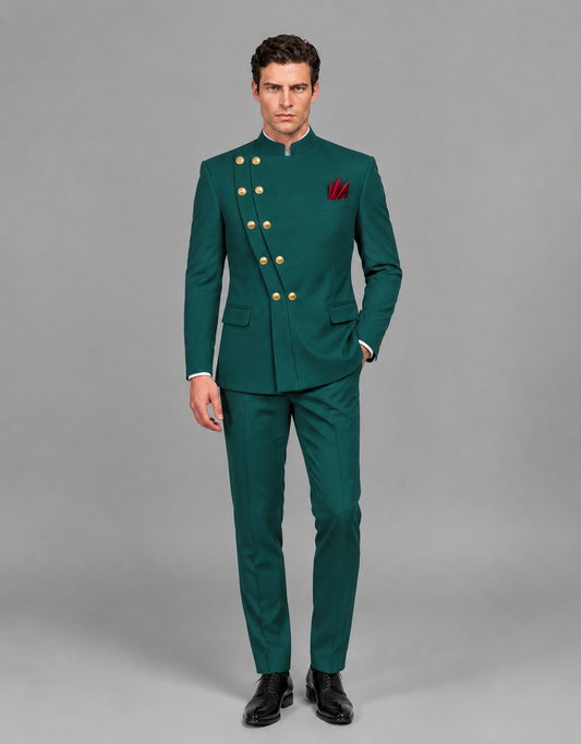 BOLODOO Men's Teal Asymmetrical Mandarin Collar Tuxedo Suit – Modern 2-Piece Gold Button Wedding, Prom & Gala Set - Teal - Teal_02