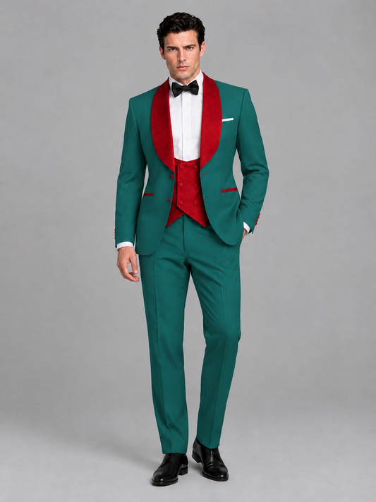 Savile Men's Teal 3-Piece Tuxedo Suit Set – Contrast Red Shawl Lapel Blazer, Red Waistcoat & Trousers - SUC020 - Teal