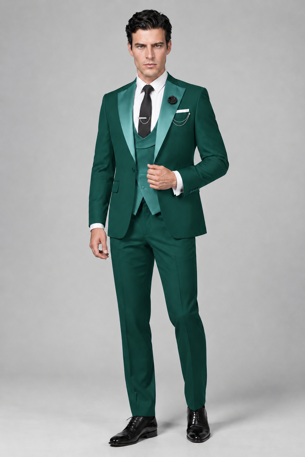 Savile Men's Teal 3-Piece Tuxedo Suit – Contrast Silver Peak Lapel & Grey Vest Formal Set - Teal - Teal_4
