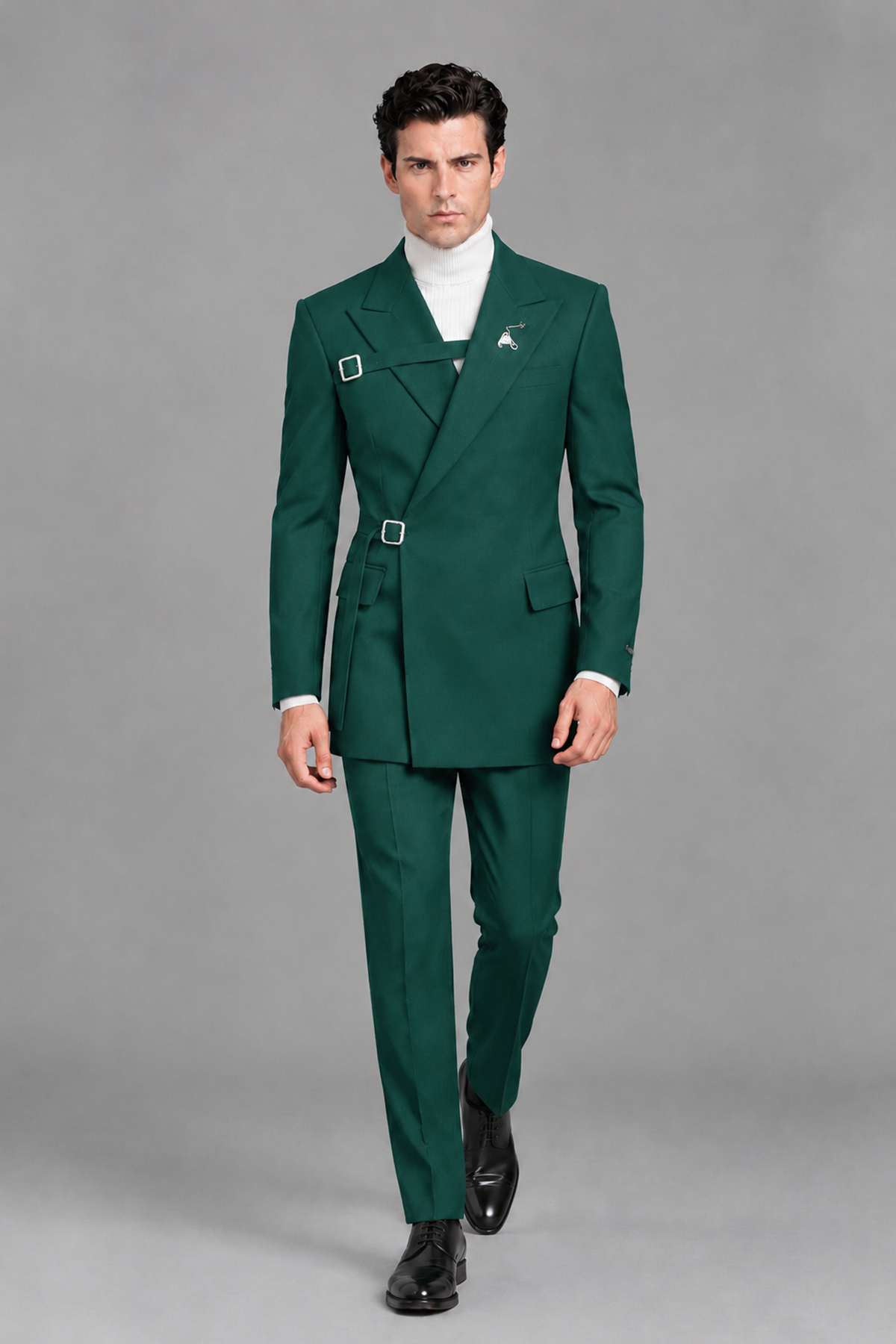 Savile Men's Teal Double Buckle Wrap Belted 2-Piece Suit Set – Peak Lapel Slim-Fit Jacket & Trousers - Teal - Teal_5