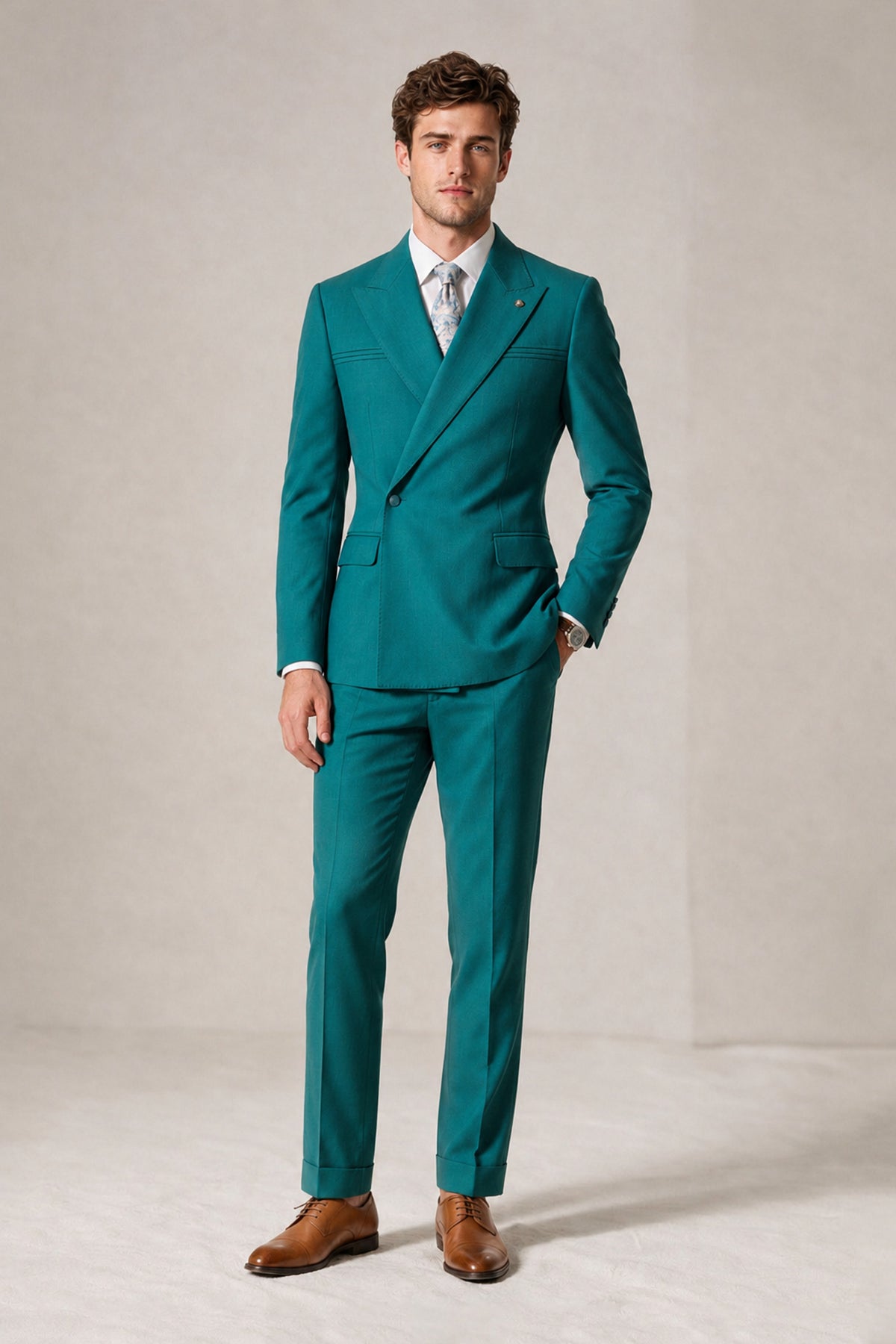 Savile Men's Teal Double-Breasted Slim Fit 2-Piece Suit Set – Peak Lapel Blazer & Cuffed Trousers | Wedding Prom Formal - Teal