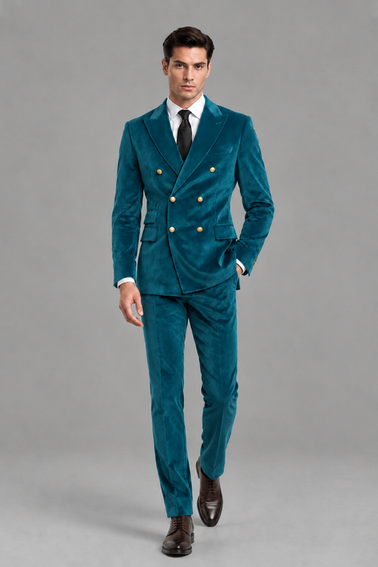 Savile Men's Teal Velvet Double-Breasted 2-Piece Suit Set | Peak Lapel Blazer & Trousers - Teal