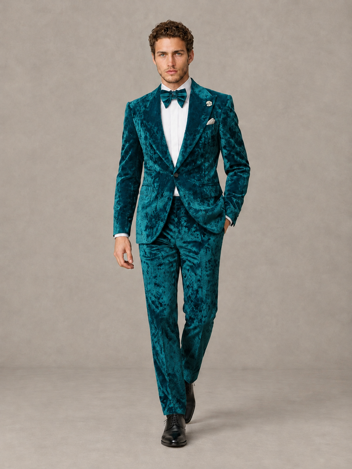 Savile Men's Teal Crushed Velvet Peak Lapel 2-Piece Suit Set | Jacket & Trousers - Teal - Teal (4)