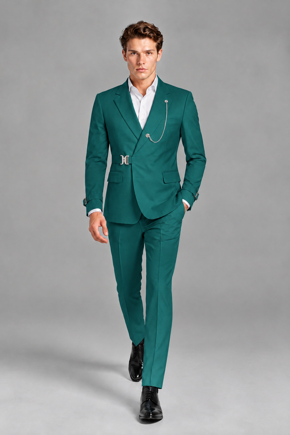 Savile Men's Teal Buckle-Closure 2-Piece Suit Set | Peak Lapel Blazer & Trousers - Teal
