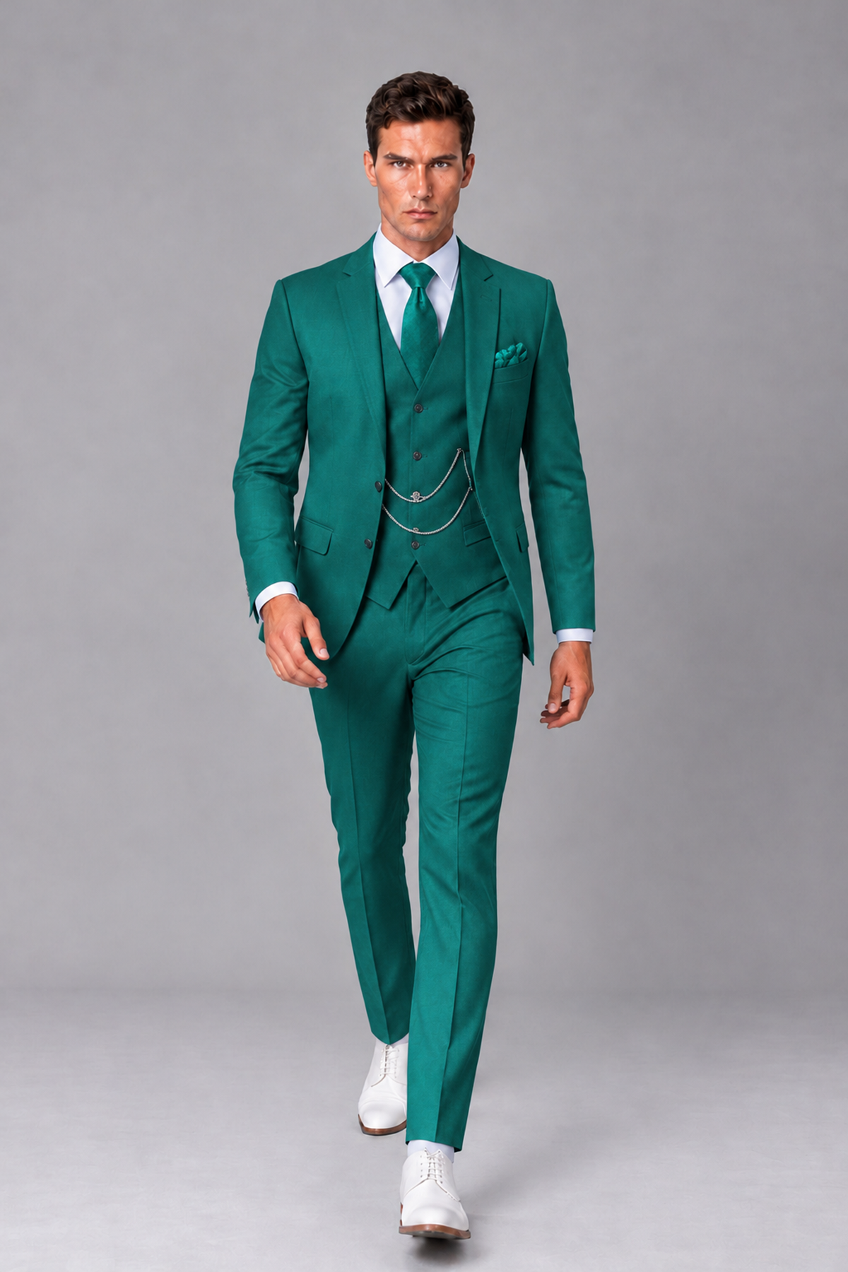 Savile Teal 3-Piece Suit with Notch Lapel & Chain Vest - Teal
