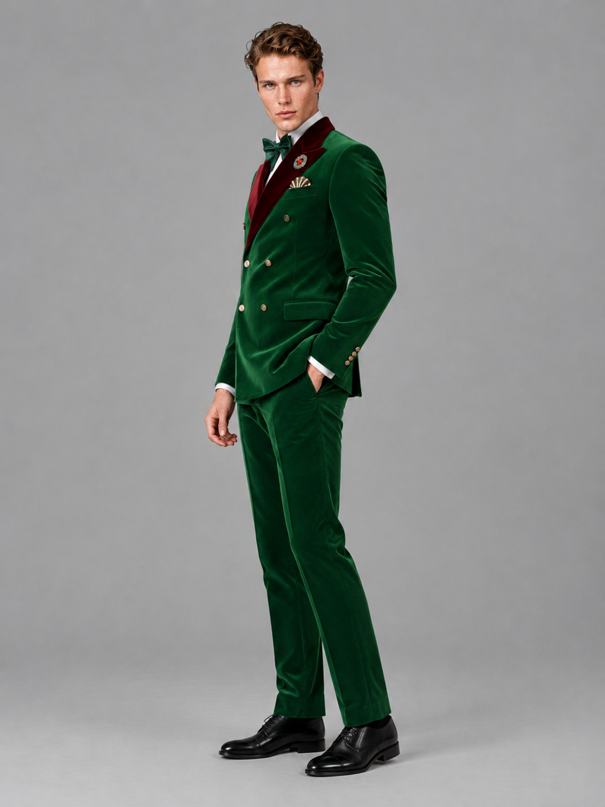 Savile Men's Emerald Green Velvet Double-Breasted 2-Piece Tuxedo Suit with Burgundy Peak Lapel