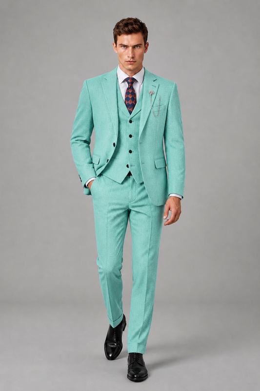 Savile Men's Grey Notch Lapel 3-Piece Suit Set | Jacket, Vest & Trousers - Turquoise - Turquoise