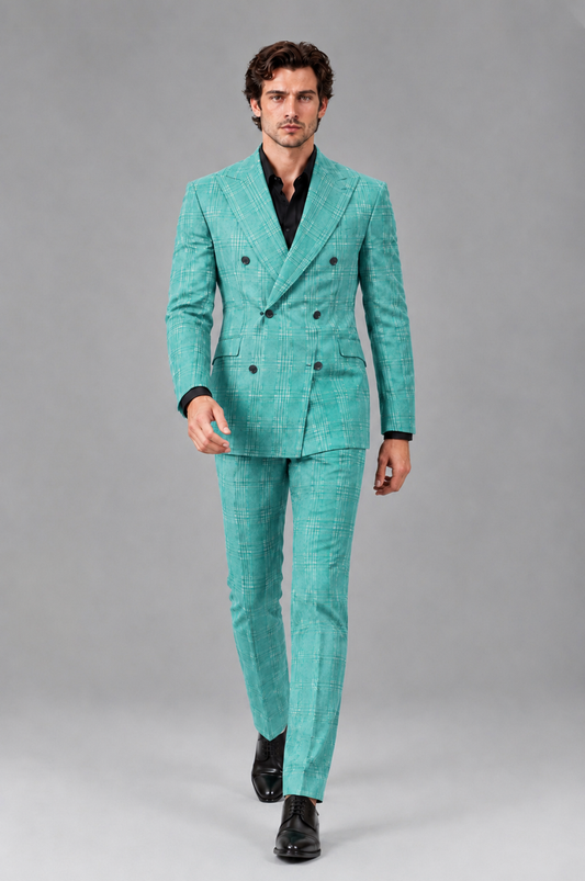 Savile Men's Rust Plaid 2-Piece Double-Breasted Suit – Peak Lapel Slim-Fit Jacket & Trousers Set - Turquoise - Turquoise