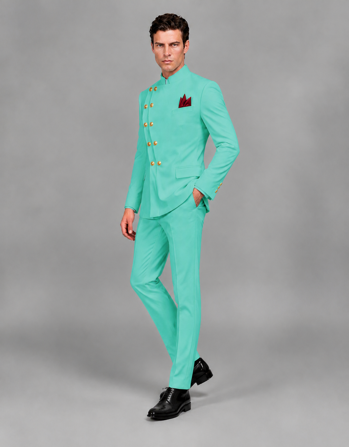 BOLODOO Men's Turquoise Asymmetrical Mandarin Collar Tuxedo Suit – Modern 2-Piece Gold Button Wedding, Prom & Gala Set - Turquoise - Turquoise_04