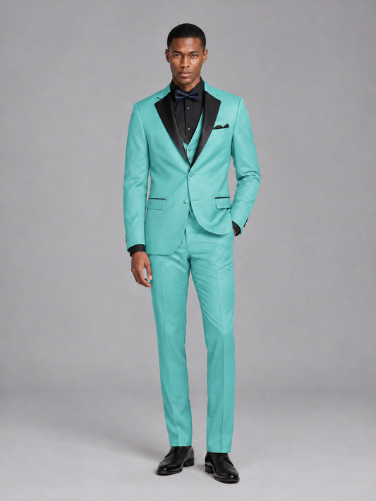 Savile Men's Turquoise Contrast Shawl Lapel Tuxedo Suit – 3-Piece Wedding, Prom & Black-Tie Formal Set - Turquoise - Turquoise_2