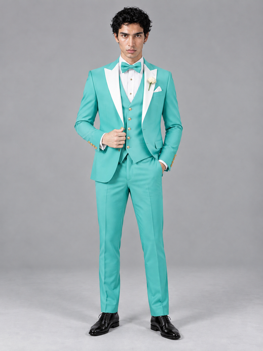 Savile Men's Turquoise Contrast White Peak Lapel 3-Piece Tuxedo Suit - Turquoise
