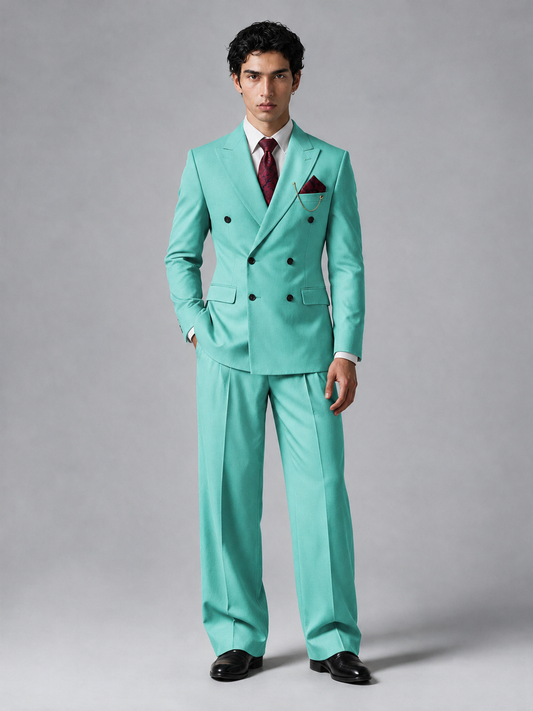 Savile Men's Turquoise Double-Breasted 2-Piece Suit Set – Peak Lapel Blazer & Pleated Wide-Leg Trousers - Turquoise - Turquoise_2