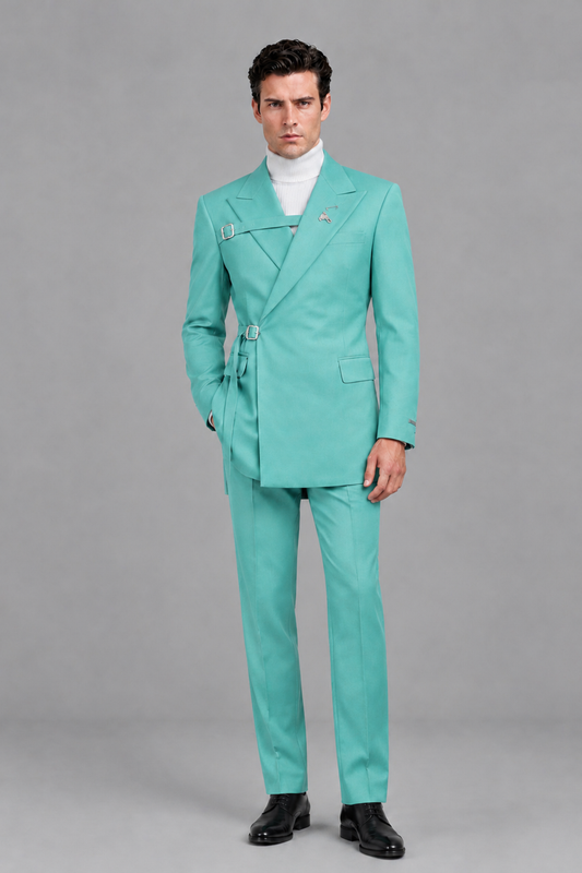 Savile Men's Turquoise Double Buckle Wrap Belted 2-Piece Suit Set – Peak Lapel Slim-Fit Jacket & Trousers - Turquoise - Turquoise_2