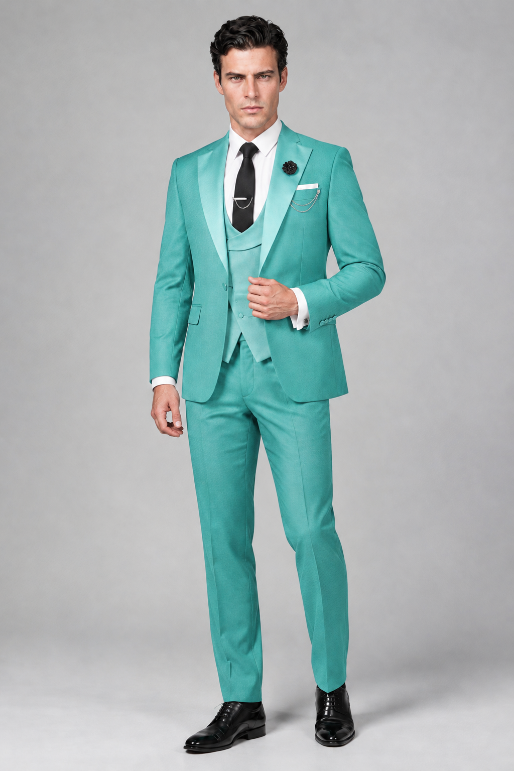 Savile Men's Turquoise 3-Piece Tuxedo Suit – Contrast Silver Peak Lapel & Grey Vest Formal Set - Turquoise - Turquoise_4