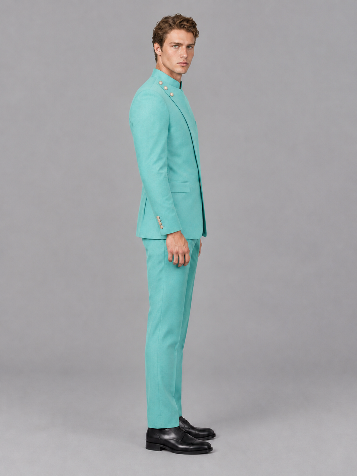 Savile Men's Turquoise Mandarin Collar Asymmetrical 2-Piece Suit Set – Modern Jacket & Trousers - Turquoise - Turquoise_5