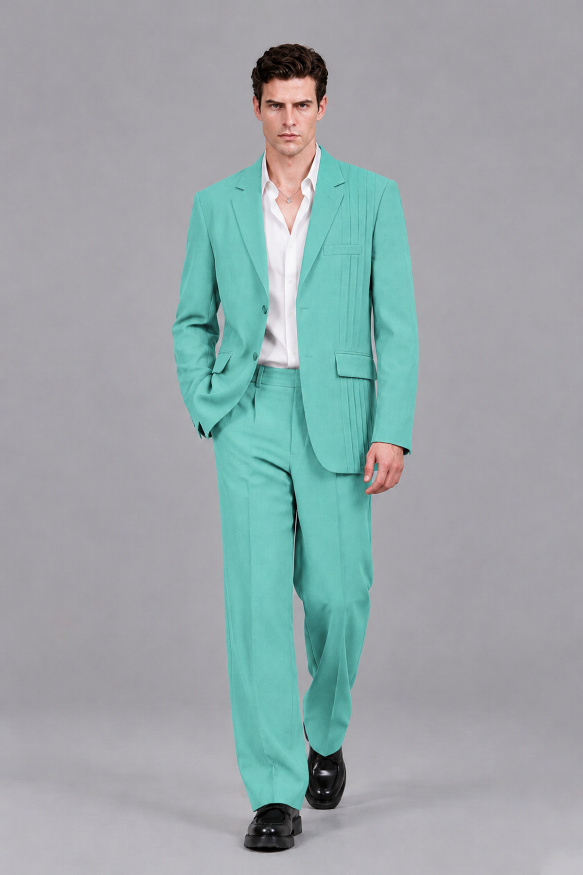 Savile Men's Turquoise Pleated 2-Piece Suit Set | Notch Lapel Blazer & Tailored Trousers - Turquoise - Turquoise_5