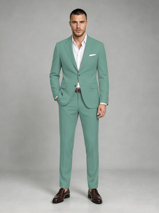 Savile Men's Dark Turquoise Wool-Blend 2-Piece Suit Set – Two-Button Notch Lapel Slim-Fit Blazer & Turn-Up Trousers - Turquoise