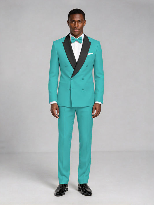 Men's Turquoise Double-Breasted Tuxedo Suit – Satin Shawl Lapel Turquoise-Tie Wedding & Gala 2-Piece Set - Turquoise