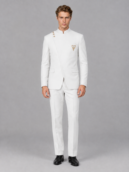Savile Men's White Mandarin Collar Asymmetrical 2-Piece Suit Set – Modern Jacket & Trousers - White - White_2