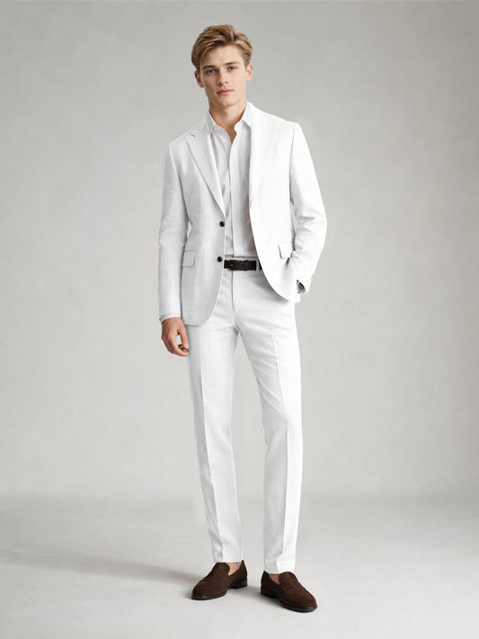 Savile Men's Sand Khaki Linen-Blend 2-Piece Suit Set – Two-Button Notch Lapel Slim-Fit Blazer & Slim Trousers - White - White