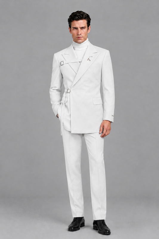 Savile Men's White Double Buckle Wrap Belted 2-Piece Suit Set – Peak Lapel Slim-Fit Jacket & Trousers - White - White_2