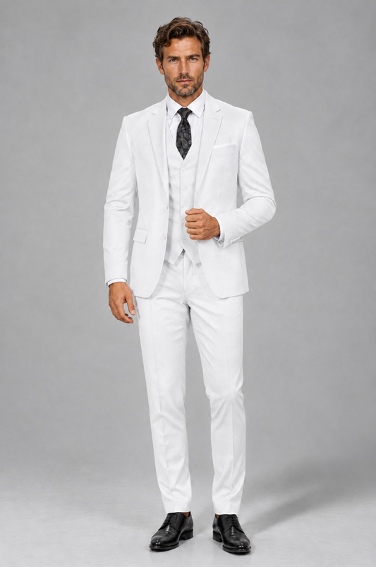 Savile Men's White 3-Piece Suit Set – Notch Lapel Blazer, Vest & Trousers - White - White_2