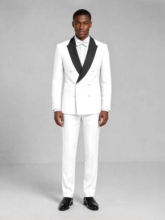 Men's White Double-Breasted Tuxedo Suit – Satin Shawl Lapel White-Tie Wedding & Gala 2-Piece Set - White