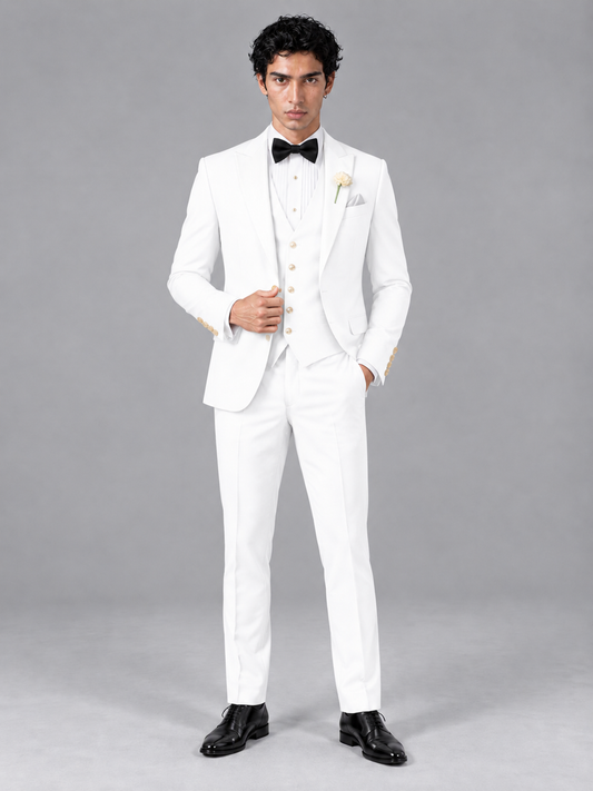 Savile Men's White Contrast White Peak Lapel 3-Piece Tuxedo Suit - White