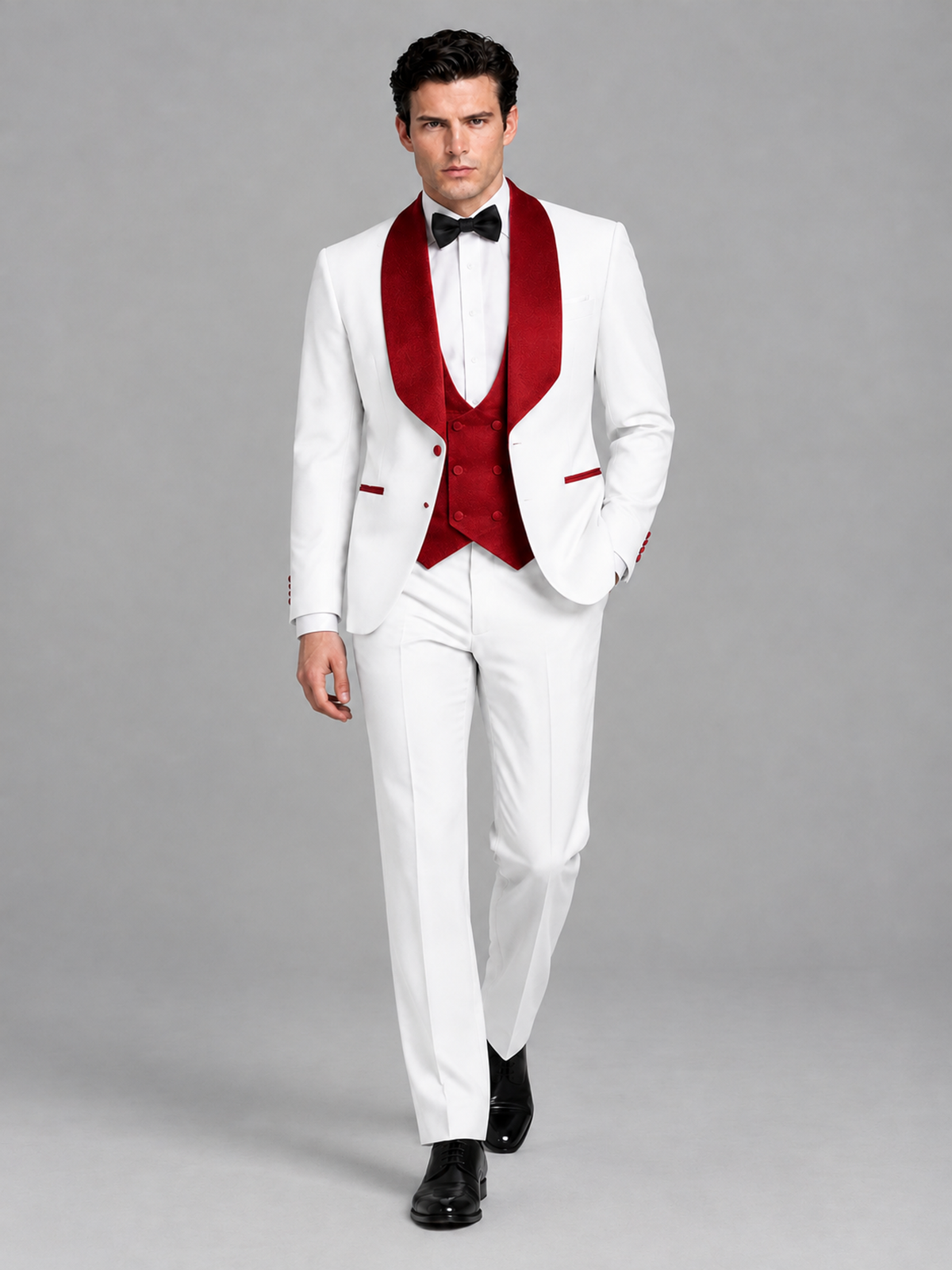 Savile Men's White 3-Piece Tuxedo Suit Set – Contrast Red Shawl Lapel Blazer, Red Waistcoat & Trousers - SUC020 - White