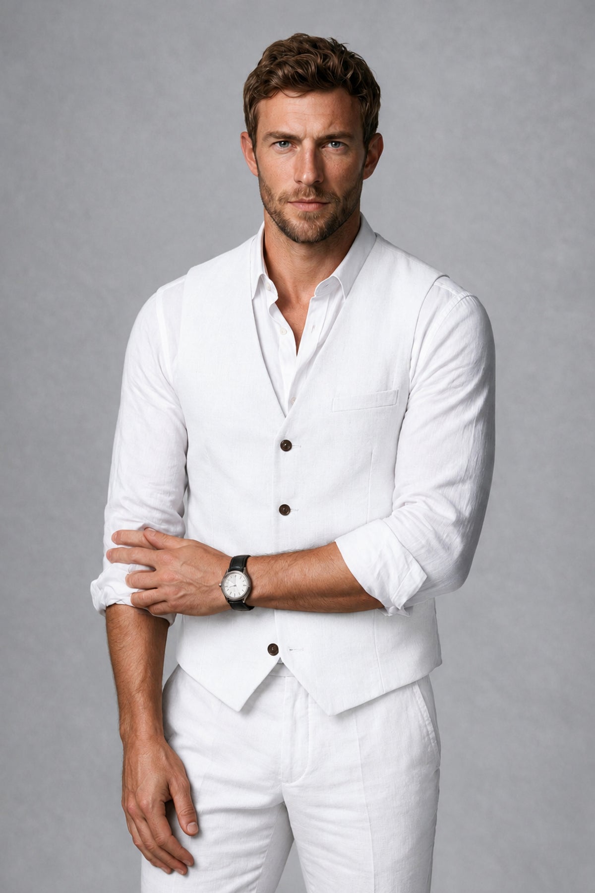 Men's White Linen Blend Single-Breasted V-Neck Suit Vest | Savile QX0101 - White