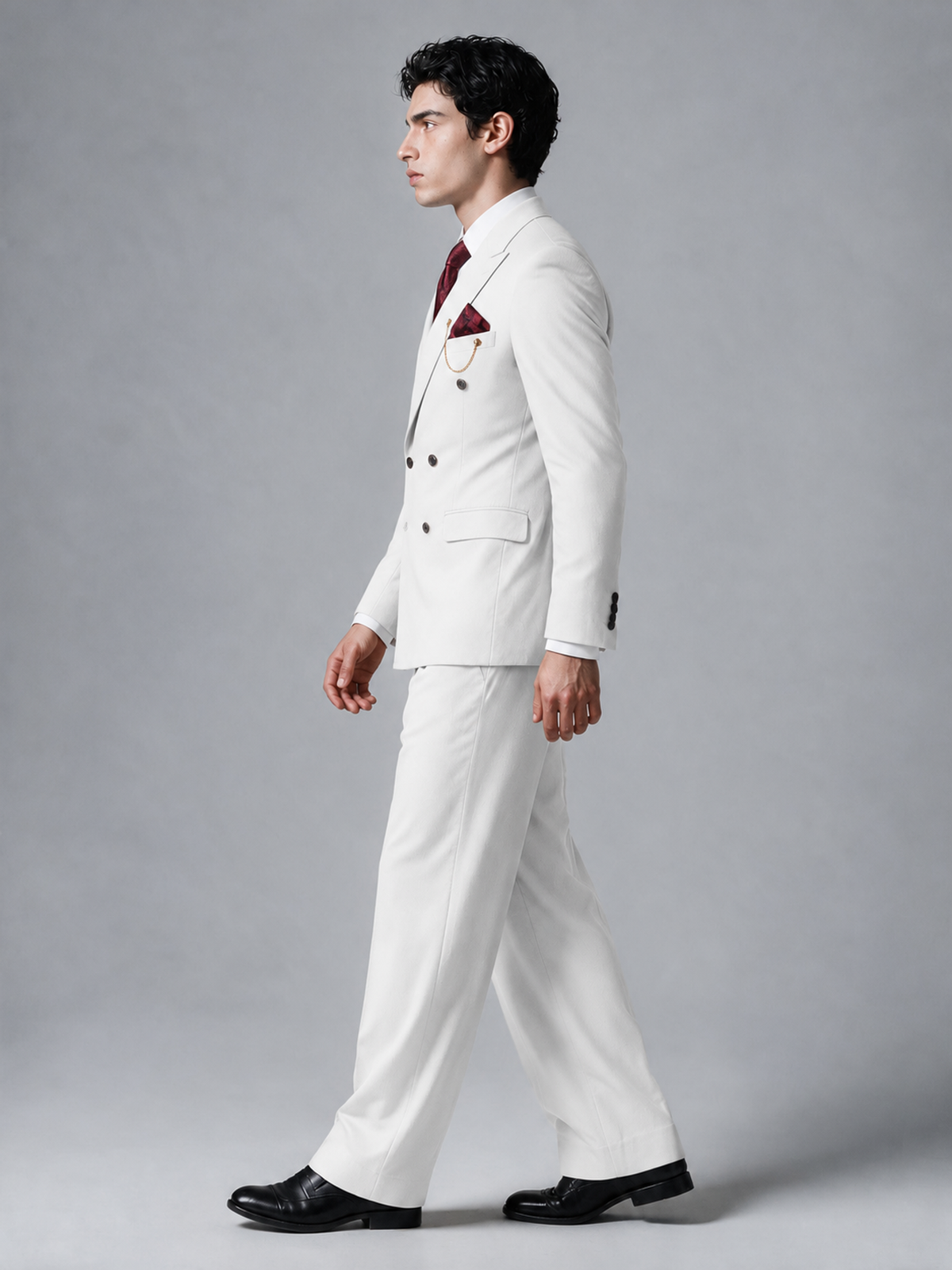 Savile Men's White Double-Breasted 2-Piece Suit Set – Peak Lapel Blazer & Pleated Wide-Leg Trousers - White - White_4