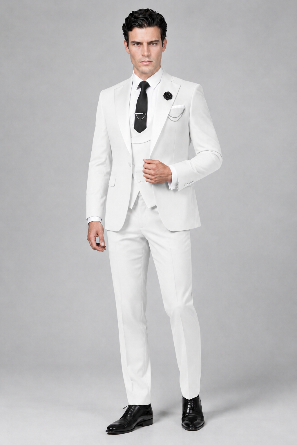Savile Men's White 3-Piece Tuxedo Suit – Contrast Silver Peak Lapel & Grey Vest Formal Set - White - White_4