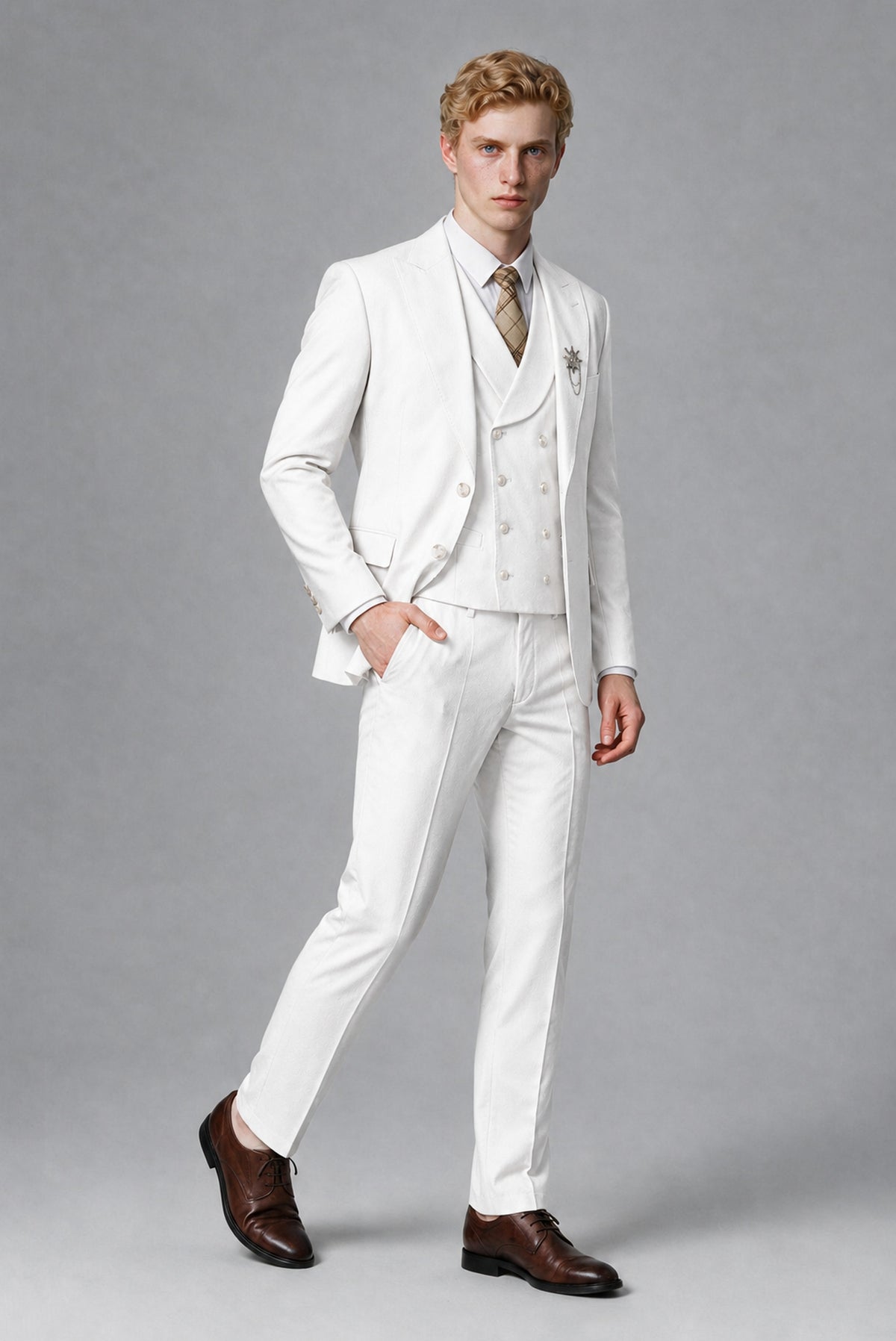 Savile Men's White Three-Piece Wedding Suit with Double-Breasted Waistcoat - White
